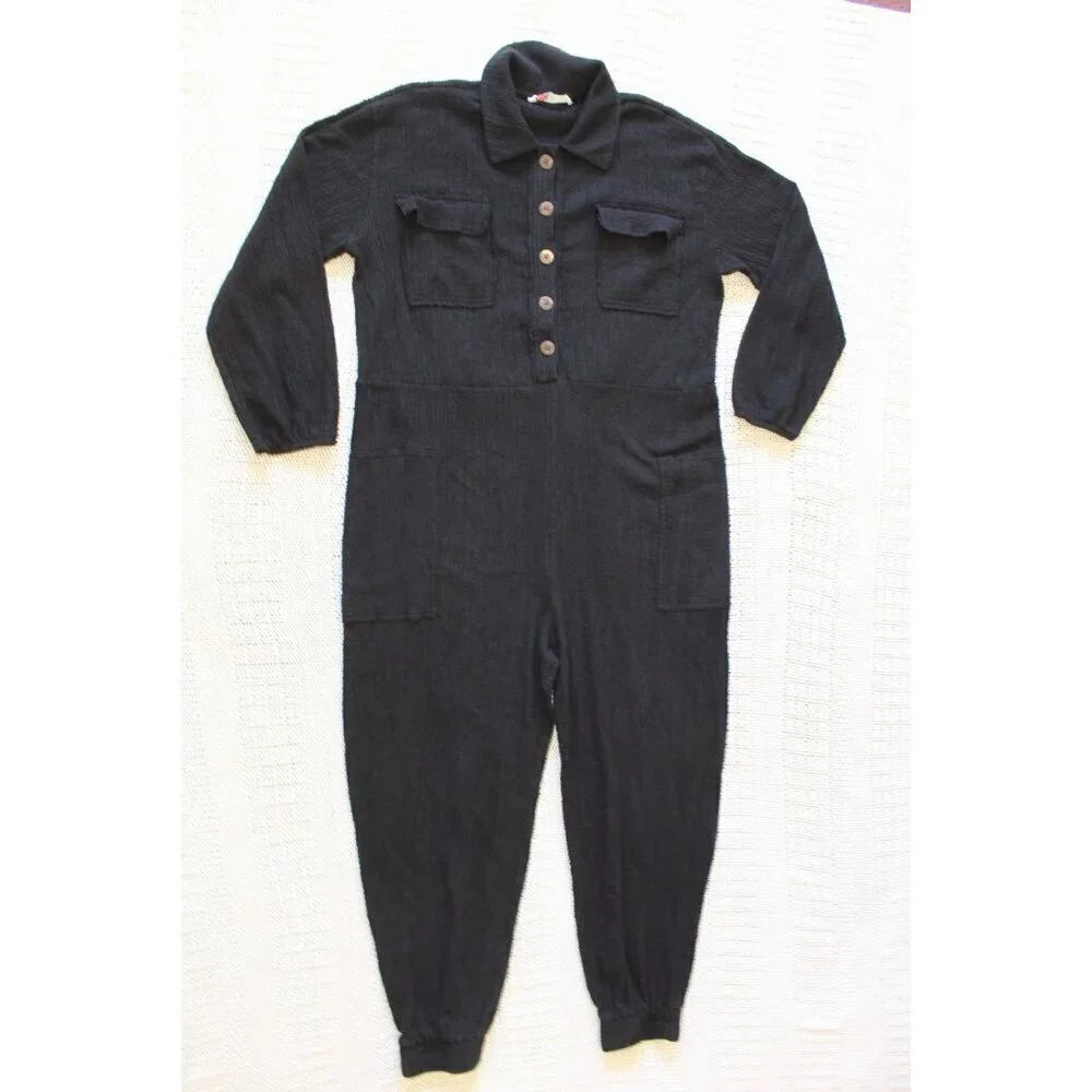 Free People Beach Solid Black Jumpsuit Gauze Size M oversize button front Baggy